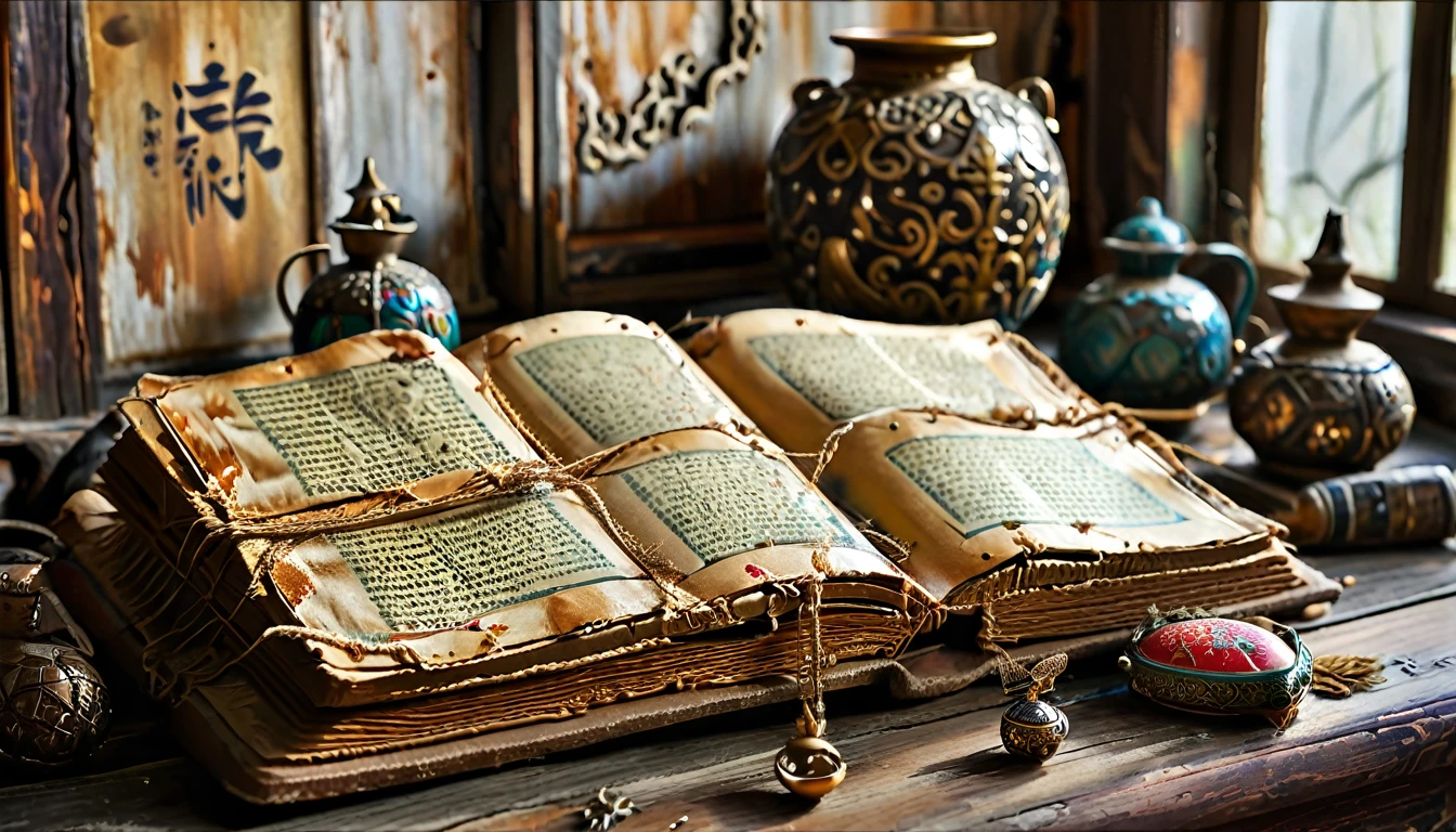 A lone tattered Japanese book with a brown cover on an old desk, a room in a dilapidated Japanese house, nobody there, close-up of the book. Centered, Scale Fit, Rule of Thirds, (Shiny Egyptian Ornaments), High Resolution, Sharp Focus, (Ultra Detailed, Highly Detailed), (Photorealistic Artwork:1.37), (Highly Detailed CG Unity 8k Wallpaper), (((Vibrant Colors, Vibrant Themes))), (Intricate), (Masterpiece), (Top Quality), Art Photography, (Photo by sldr), (Intricate Background), Perfectly Rendered Face, Perfect Facial Details, Realistic Face, Photorealistic, ((Intricate Details)), (((Realism))),