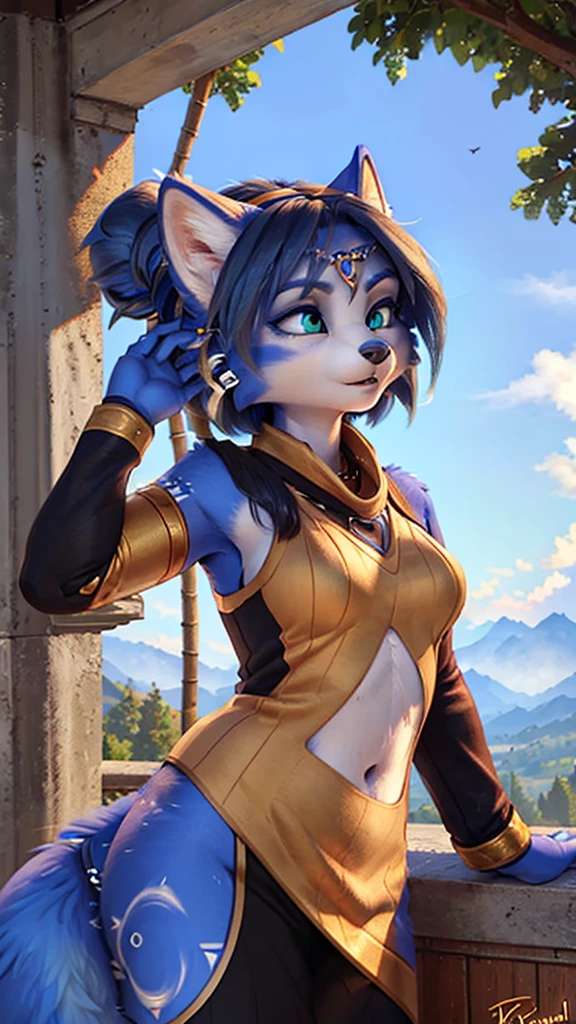 A beautiful and detailed ( portrait) of ((Krystal)), Star Fox Krystal, lovable, green eyes, medium breasts, (((Long blue hair 1.3))), ((black hair tips)), look up,anthro, furry, Uploaded E621, detailed fluffy fur, (wa Fluff-Kevlar, Bayard Wu, Personalami, Pino Daeni), detailed face, (fluffy), 1 girl, alone, Tribal clothing, sweet girl,