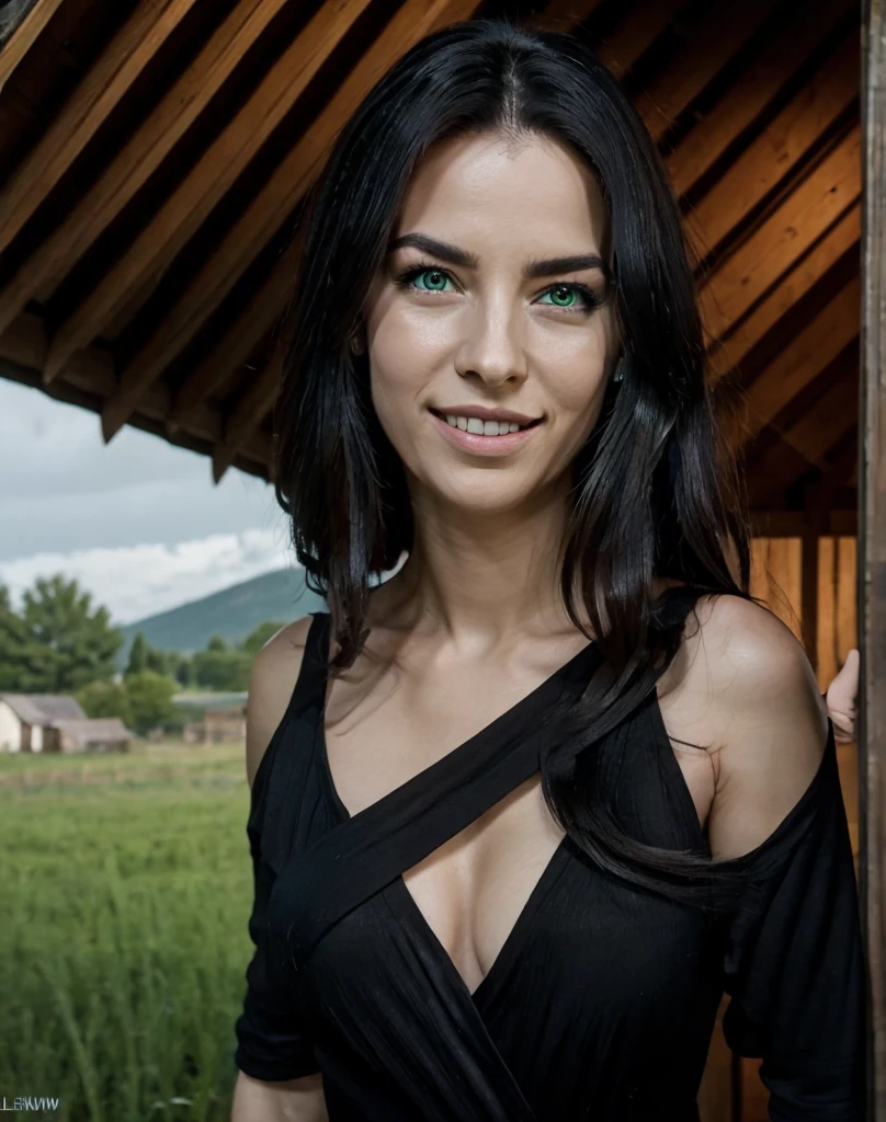 kabedonpov, masterpiece 8k, high Detailed image (realism), Shelob, pale skin, long black hair, green eyes, wearing black dress, huge breast cleavage, (shiny huge breasts), (naturally saggy breasts), (focus on detailed body anatomy), Slim body , smiling at viewer, smile facial expression, (detailed facial expression), posing near a grass field on a full moon and an old creepy wooden hut in the background. Ultra Realistic, Detailed Environments, Dramatic Lighting, ((Detailed Image)), (Intricate Details), Professional Photography, ((Shallow Depth of Field)) (Cinematic Lighting), HDR Enhancement, Ultra Fine Texture, Photorealistic, Extremely Realistic.