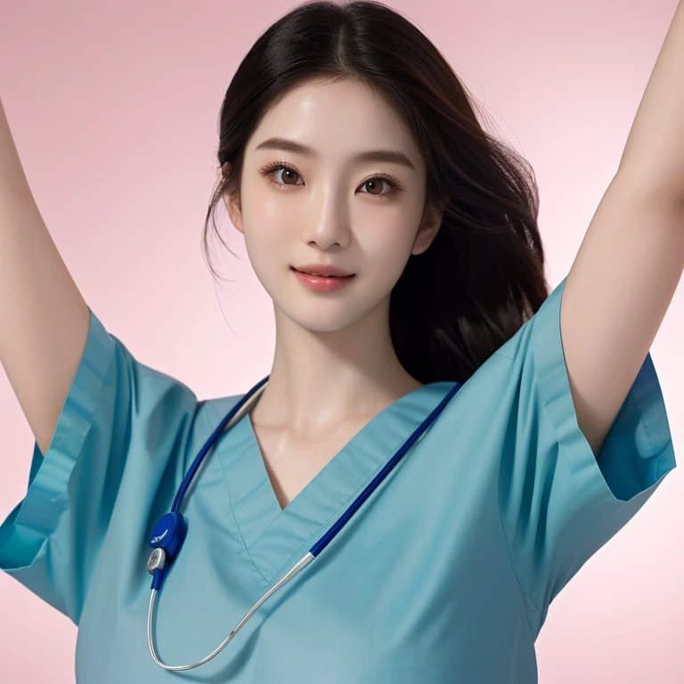 masterpiece, best quality, 1girl, (dancing) with arms outstretched, happy, in hospital room, Beautiful Japanese female doctor wearing teal scrubs, beautiful detailed face, pale skin, realistic skin, detailed cloth texture, detailed hair texture, accurate, Anatomically correct, Highly detailed face and skin texture , looking at viewer, 