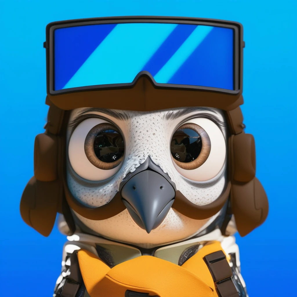 A charming cartoon bird character with large, sparkling eyes looking directly at us. The bird has a green and white face with a prominent big black beak. It wears a brown aviator's helmet with detailed straps and buckles, and large, square, reflective goggles, but these are positioned on top of the bird's head rather than being worn properly. The background is a simple, solid white, highlighting the character and adding to the adventurous feel of the image. The art style is vibrant and expressive, capturing a sense of excitement and playfulnessmultiple light sources, rim light, sharp post effects render, perfect cgi, smooth silhouette, high intensity refraction, most beautiful vfx, realistic, 4k, high resolution, rim light, smooth 3d model