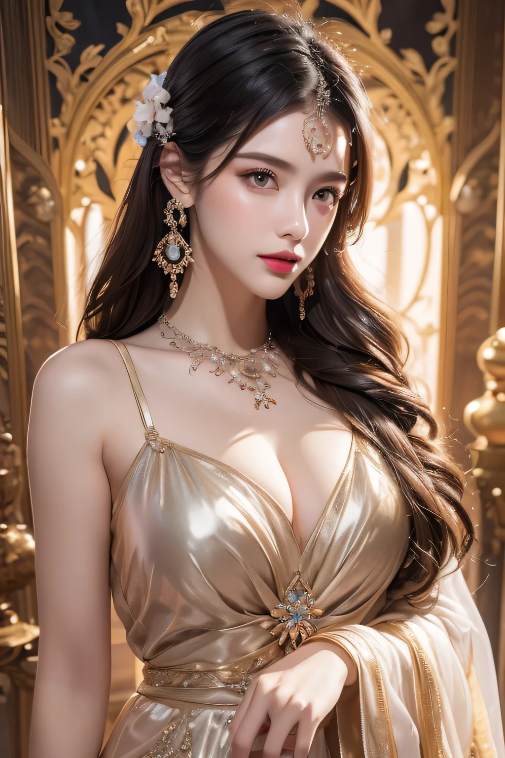 High-quality work,Realistic works,Super premium graphics,8K HD CG works,high quality graphics,High-definition and exquisite CG works,10x pixels,Ultra-fine details:1.1,Advanced technical details:1.1Realistic photo effects,Interior lighting effects:1.5,natural soft light:1.5. Light effect(Virtual light effects:1.8),ultra high resolution,shining dress,sliver long hair,silber hair,transparenthair,high detailed hair(Quality hair details:1.1)Clear eyes,Double eyelids look good,Sharp eye makeup, Create exquisite eyelash makeup, tthin eyebrows, Ultra-detailed eyes,a tall nose, lovely red lips, rosey cheeks, With delicate makeup on her face , pretty face, The face shape is perfectly proportioned,(Advanced facial details:1.1)(masterpiece、highest quality、highest quality、Official Art、Beautiful and aesthetic:1.2)、(One girl:1.3)、Very detailed、(fractal art:1.1)、(colorful:1.1)(flower:1.3)、Most detailed、(Zentangle:1.2)、(Dynamic pose)、(Abstract Background:1.3)、(China dress:1.2)、(Shiny skin)、(Many colors:1.4)、、(Earrings:1.4)、,Women's artwork,Dress full body video,Realism,Amazing Cleavage,My eyes are very bright today
