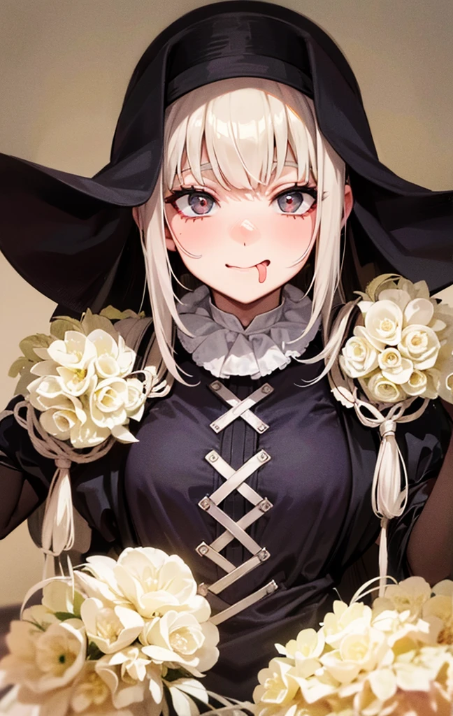 A sister from the association has her face picked up, her tongue sticking out towards the camera, her face is covered in semen, and she is holding the in both hands near her chin