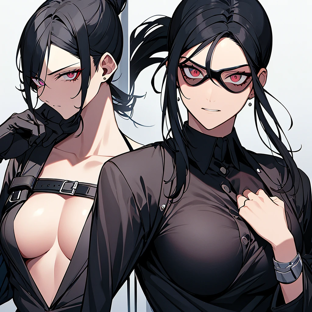 A 34-years-old villain scientist woman with black hair tied in a ponytail and a skinny. There is a scar on the right side of her face. She wears goggles with bright red lenses. She wears a black leather gown and black leather gloves. Under the shirt is a long-sleeved gray shirt and black straight-legged pants. She has hawk-like eyes.