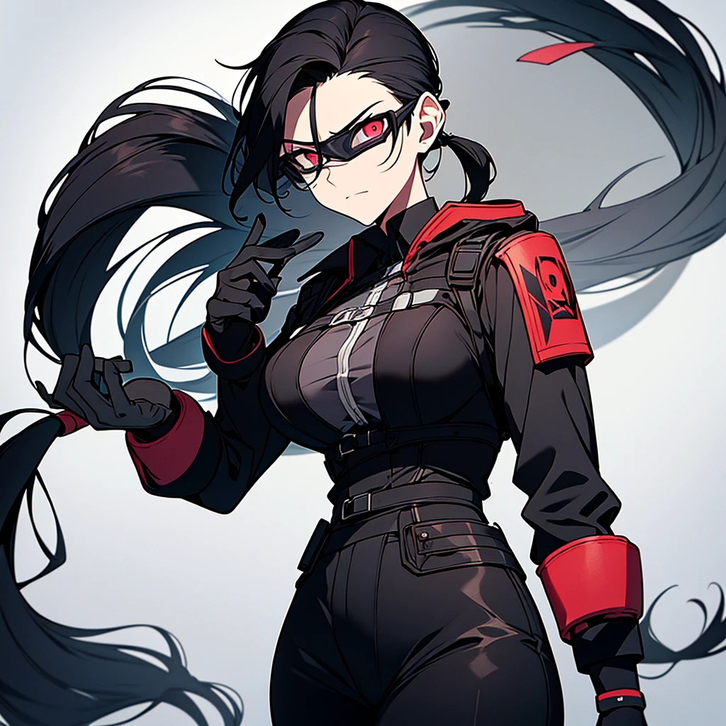 A 34-years-old villain scientist woman with black hair tied in a ponytail and a skinny. There is a scar on the right side of her face. She wears goggles with bright red lenses. She wears a black leather gown and black leather gloves. Under the shirt is a long-sleeved gray shirt and black straight-legged pants. She has hawk-like eyes.