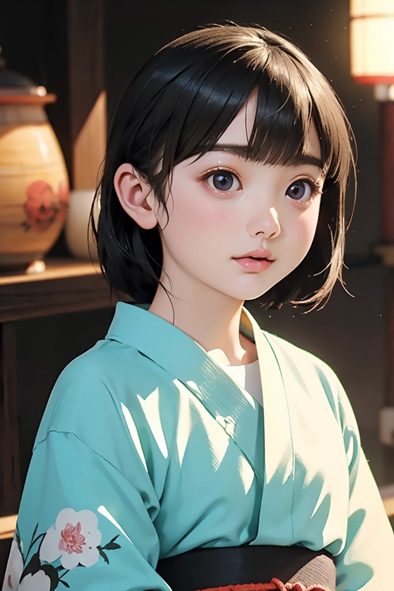 Japanese painting, Beauty Painting, (A beautiful appearance in return), Highest quality, masterpiece, (Face Focus:1.2), Cinematic Lighting, Soft Shadows, Light on face, Landscape, Japanese 1 girl, 20-year-old, (cute), (round face:1.6), (oguchi:1.0), kimono