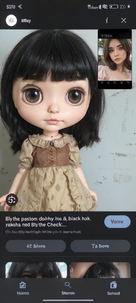 Blythe the doll with brown eyes and has short black hair, little faery doll, shiny eyes, in the style of carl zeiss distagon t* 80mm f/2.8ze, dollcore, light pink and grey, meticulous design, abrupt, dreamlike scenario, canberrycore, lori early, aurorpunk, dreamlike hue