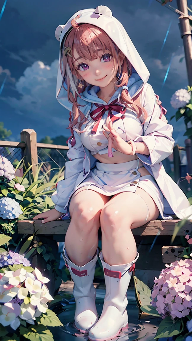 ((((highest quality)))), (((Ultra-precision CG 16K))), (((masterpiece))), (((Very detailed))), (((Extremely detailed))), (((Black outline:1.3, Written boundary depth:1.3 , Written soft outline))), Blur, Bokeh, Maximum clarity and sharpness,Multilayer Texture, Surface Shading, Cinematic lighting, Beautiful details sparkle ,Perfect Proportions, Limited to three woman, BREAK accurate, Anatomically correct, Highly detailed face and skin texture, drawn in detail, Highly detailed facial and skin texture, Detailed eyes, beautiful hair, Beautiful Japanese Idol face, Beautiful and beautiful eyes, Beautiful body, Beautiful breasts, Beautiful thighs, Beautiful legs, Beautiful fingers, (Beautiful views) , skinny body, ((Beautiful Skin)), ((Skin Texture)) BREAK breast enlarged, large Breasts, rocket breasts, slender waist, (blush, smiling:1.3,) BREAK (((white raincoat:1.3 , white rain boots, cover your whole head with the bare shaped hood of raincoat, cyberpunk , school uniform:1.3, midriff peek, button up))) , wearing earrings, BREAK ((( a girl bent over , hands between legs, rainbow, sunny rain , hydrangeas, frog, stick breast out))),(serious, full body shot, long shot , from front:1.3 , from below:1.3,),
