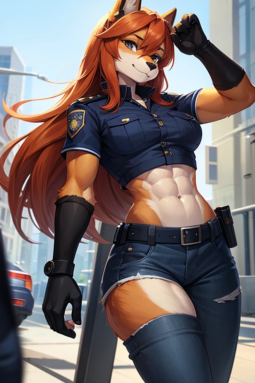 an anthropomorphic extremely ginger long-haired female brown fur dog with abs wearing a crop top short sleeve navy blue collared and buttoned police uniform with long navy blue police pants and police gloves, furry, furry style, anthro style, digital artwork