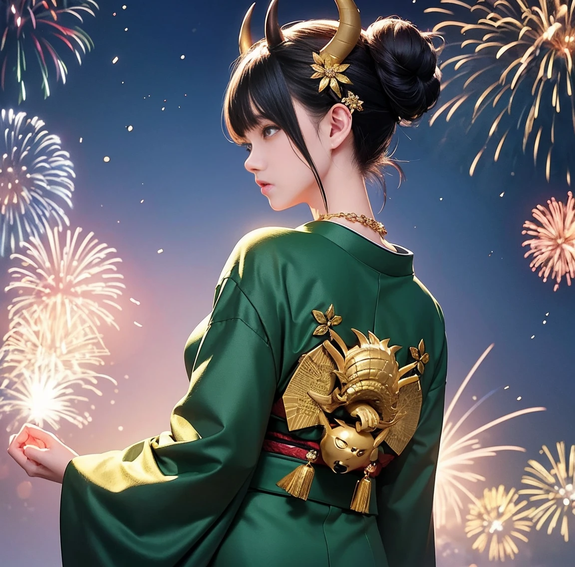 1 person、Green gorgeous kimono、,race,Black Hair、Short bun hair、hair ornaments、necklace、back、Golden devil horns、Anatomically correct,Fireworks in the night sky、