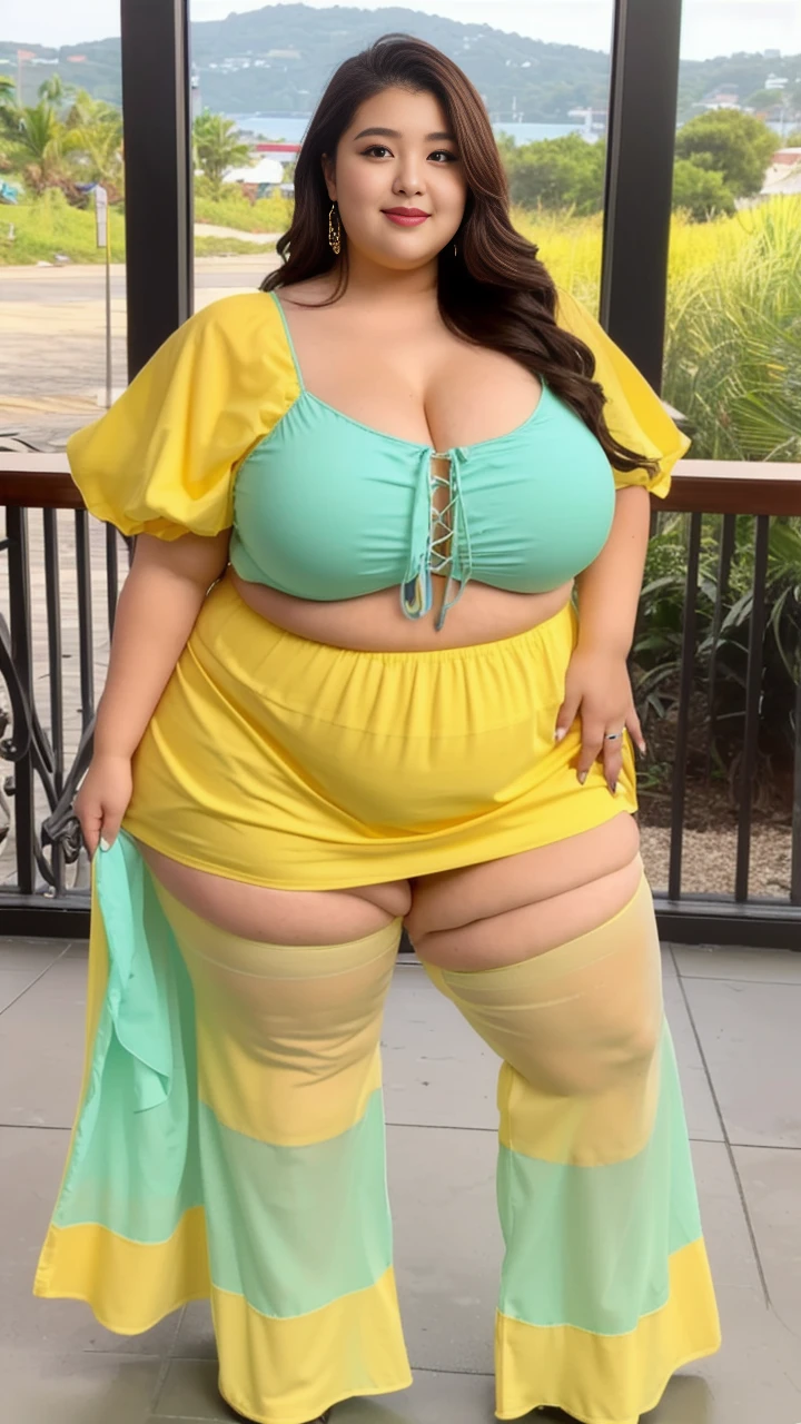 ((best quality)), ((masterpiece)), (detailed), perfect face, araffeTight skirtsShort , thicc, wavy short hair, she has a jiggly fat round belly, bbwchan, wearing tight simple clothes, skinny waist and thick hips, widest hips, her belly is fat and round, soft curvy shape, hyperrealistic full figure, wearing a cute top, wide hips, Blue swimsuit,On the beach by the seaBlue