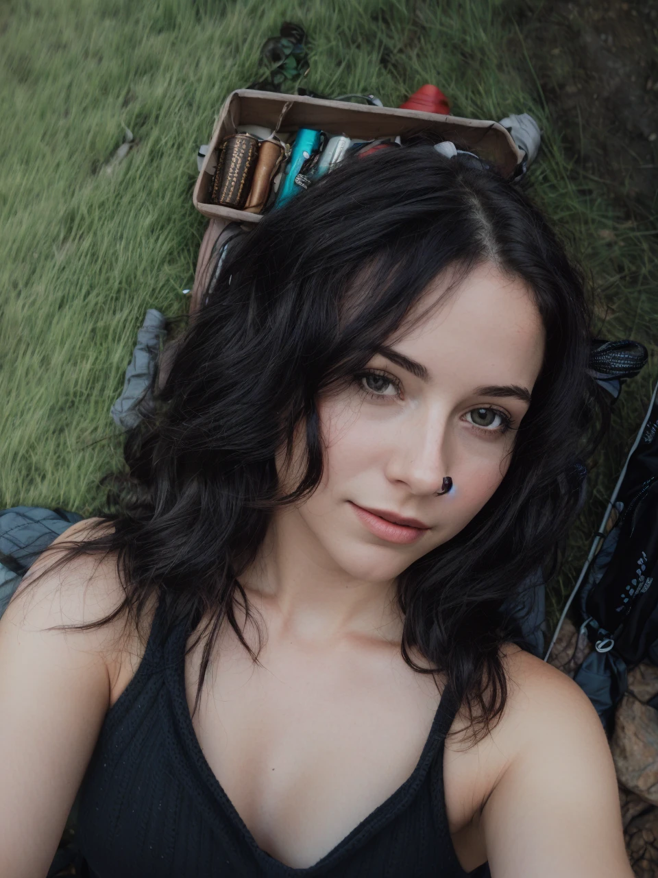 1 woman((upper body selfie, happy)), masterpiece, best quality, ultra-detailed, solo, outdoors, (night), mountains, nature, (stars, moon) cheerful, happy, backpack, sleeping bag, camping stove, water bottle, mountain boots, gloves, sweater, hat, flashlight, forest, rocks, river, wood, smoke, shadows, contrast, clear sky,
analog style (look at viewer:1.2) (skin texture)
(film grain:1.3), (warm hue, warm tone)