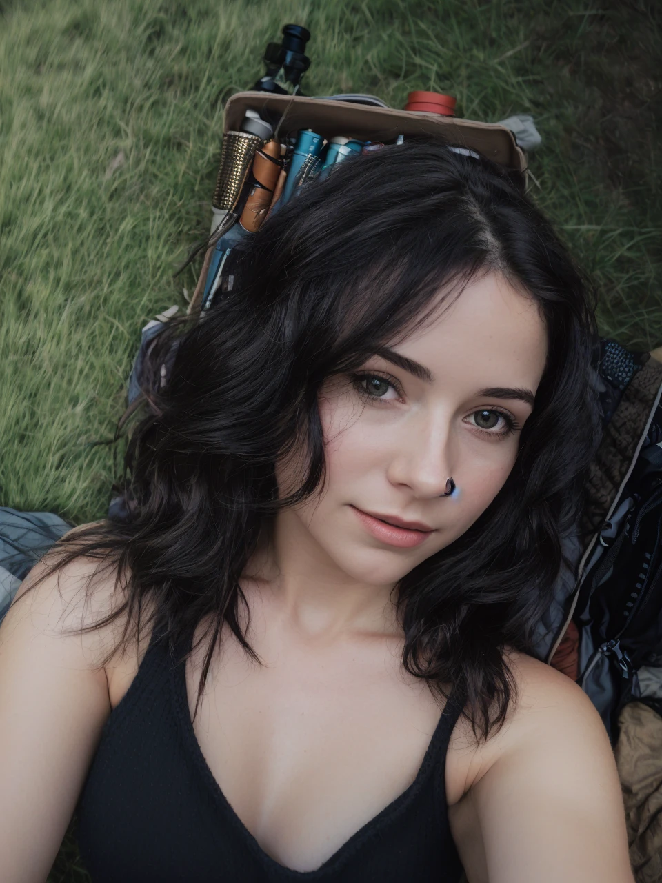 1 woman((upper body selfie, happy)), masterpiece, best quality, ultra-detailed,  solo, outdoors, (night), mountains, nature, (stars, moon)   cheerful, happy, backpack, sleeping bag, camping stove, water bottle, mountain boots, gloves, sweater, hat, flashlight, forest, rocks, river, wood, smoke, shadows, contrast, clear sky,
analog style (look at viewer:1.2)  (skin texture)
(film grain:1.3), (warm hue, warm tone)