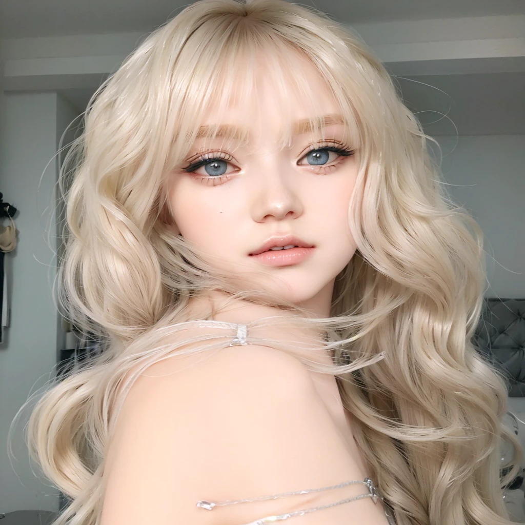 blond doll with blue eyes and long hair with a silver bracelet, long blonde hair and big eyes, long blonde hair and large eyes, blonde hair and large eyes, ulzzang, white hime cut hairstyle, ash blond greyish hair, ball jointed doll, long white hair and bangs, pale skin curly blond hair, sakimichan