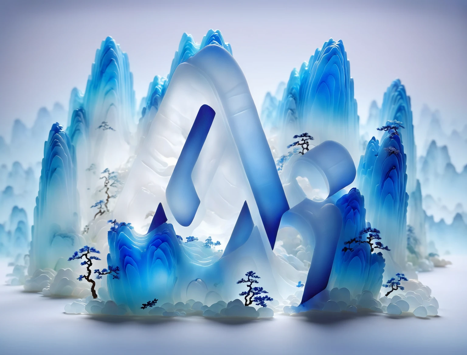 Micro landscape design carved from a piece of stone,Translucent glass material,Blue-white gradient,Traditional Chinese landscape painting,Abstract shapes,Minimalism,cave,,3d,Stone base