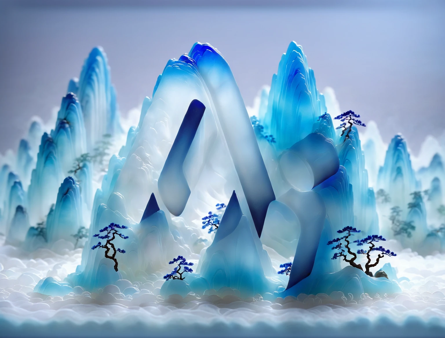 Micro landscape design carved from a piece of stone,Translucent glass material,Blue-white gradient,Traditional Chinese landscape painting,Abstract shapes,Minimalism,cave,,3d,Stone base