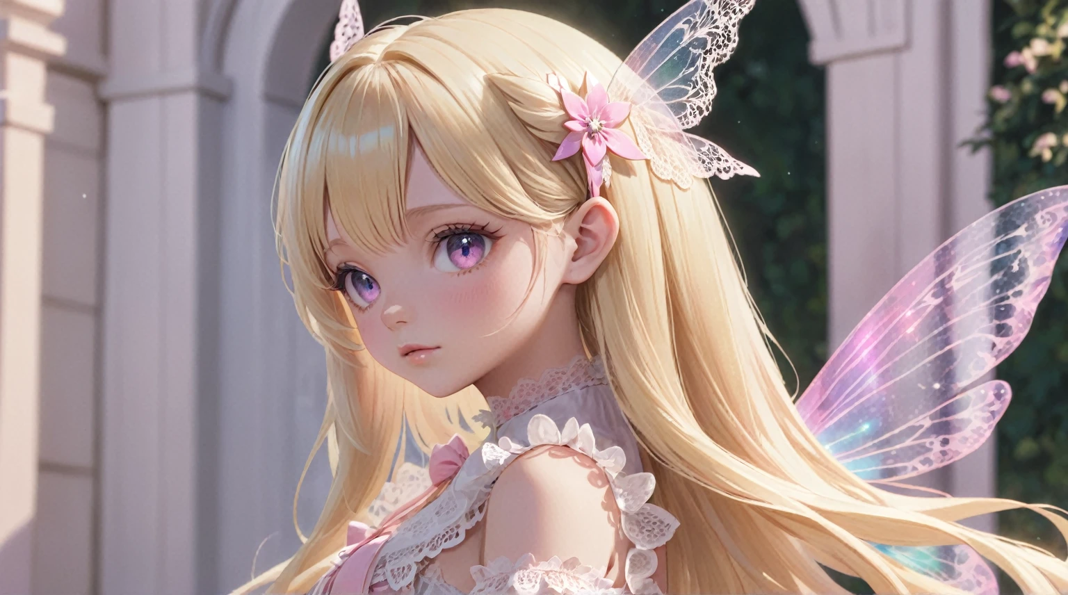 highres, best quality, girl, 1girl, fairy girl, iridescent fairy wings, blonde hair, blurry background, blush, partly up hair, depth of field, hair between eyes, long hair, looking at viewer, parted lips, profile, lace lolita dress, solo, upper body, pink tones, above the waist,