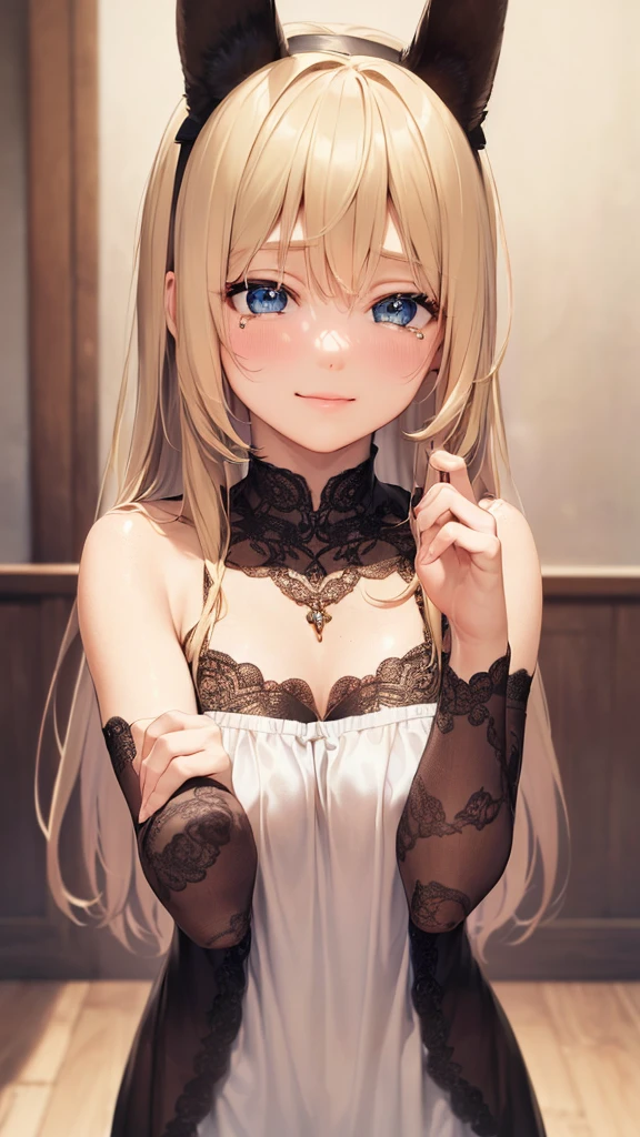 a cute anime girl with rabbit ears, warm smile, eyes shedding tears, (best quality,4k,8k,highres,masterpiece:1.2),ultra-detailed,(realistic,photorealistic,photo-realistic:1.37),anime,digital painting,highly detailed face, delicate facial features, beautifully designed outfit, dynamic pose, vibrant colors, dramatic lighting, depth of field,emotional expression