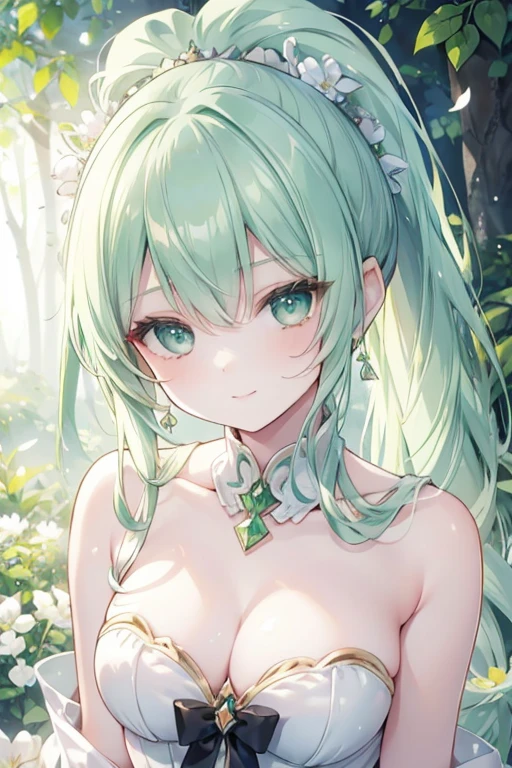 young girl, emerald silver hair, emerald green eyes, beautiful and detailed eyes,high elves ,ideal chest, green white dress, (beautiful flowering forest)Partial ponytail, sweet smile 