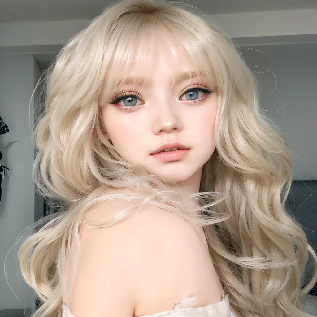 blond doll with blue eyes and long hair with a silver bracelet, long blonde hair and big eyes, long blonde hair and large eyes, blonde hair and large eyes, ulzzang, white hime cut hairstyle, ash blond greyish hair, ball jointed doll, long white hair and bangs, pale skin curly blond hair, sakimichan, winter aespa