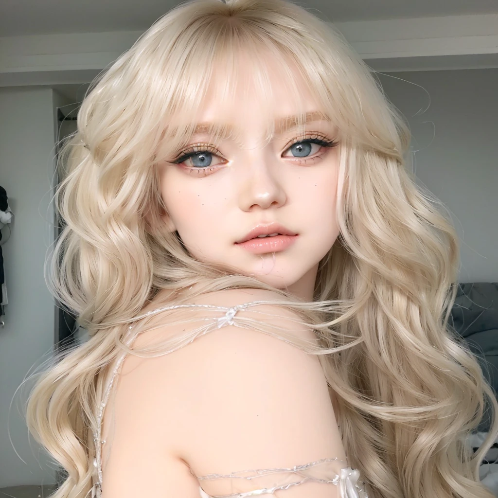 blond doll with blue eyes and long hair with a silver bracelet, long blonde hair and big eyes, long blonde hair and large eyes, blonde hair and large eyes, ulzzang, white hime cut hairstyle, ash blond greyish hair, ball jointed doll, long white hair and bangs, pale skin curly blond hair, sakimichan, winter aespa