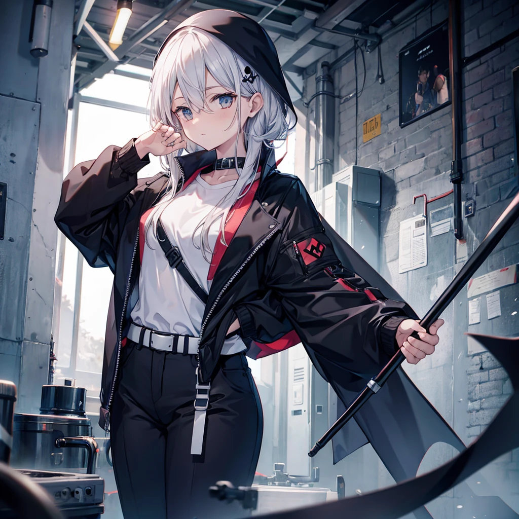 (((Grim Reaper&#39;s Scythe)))　(((Gray Hair　short hair　blue eyes　woman　Large Breasts　smile)))，((Give a hand　My own big wings))，(Wearing a hood　Black camisole　Purple light　Cute pose)，　Shining Background　Shining Edges