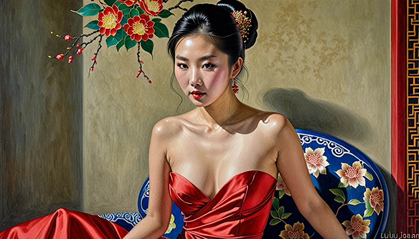 A lavish Empress from the Qing Dynasty era in China, seated on a large golden sofa, completely naked, with her large breasts and massive buttocks protruding as she faces away, her face visible.(Porn Pose) A gorgeous Chinese imperial empress with her hair tied on both sides and wearing a crown、Background of kinky and erotic woman tying her hair、The story is set in the luxurious rooms of an empress in the Chinese imperial court during the Qing dynasty.。