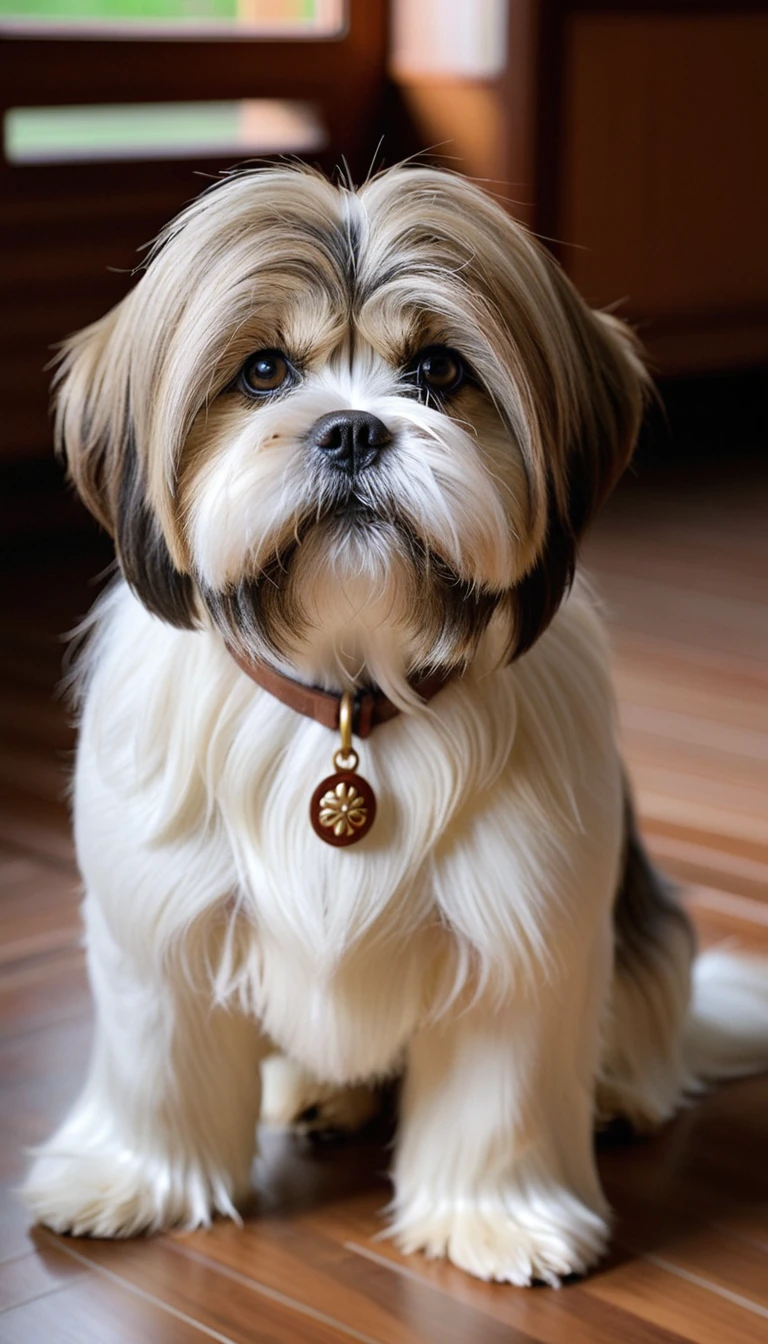 There is no one, realistic photo, photo realism, realism, Lhasa Apso (lhasa apso), perfect composition, intricate details, Very sharp, masterpiece, profile, high resolution, looking at the viewer, Full body photo in a comfortable atmosphere indoors