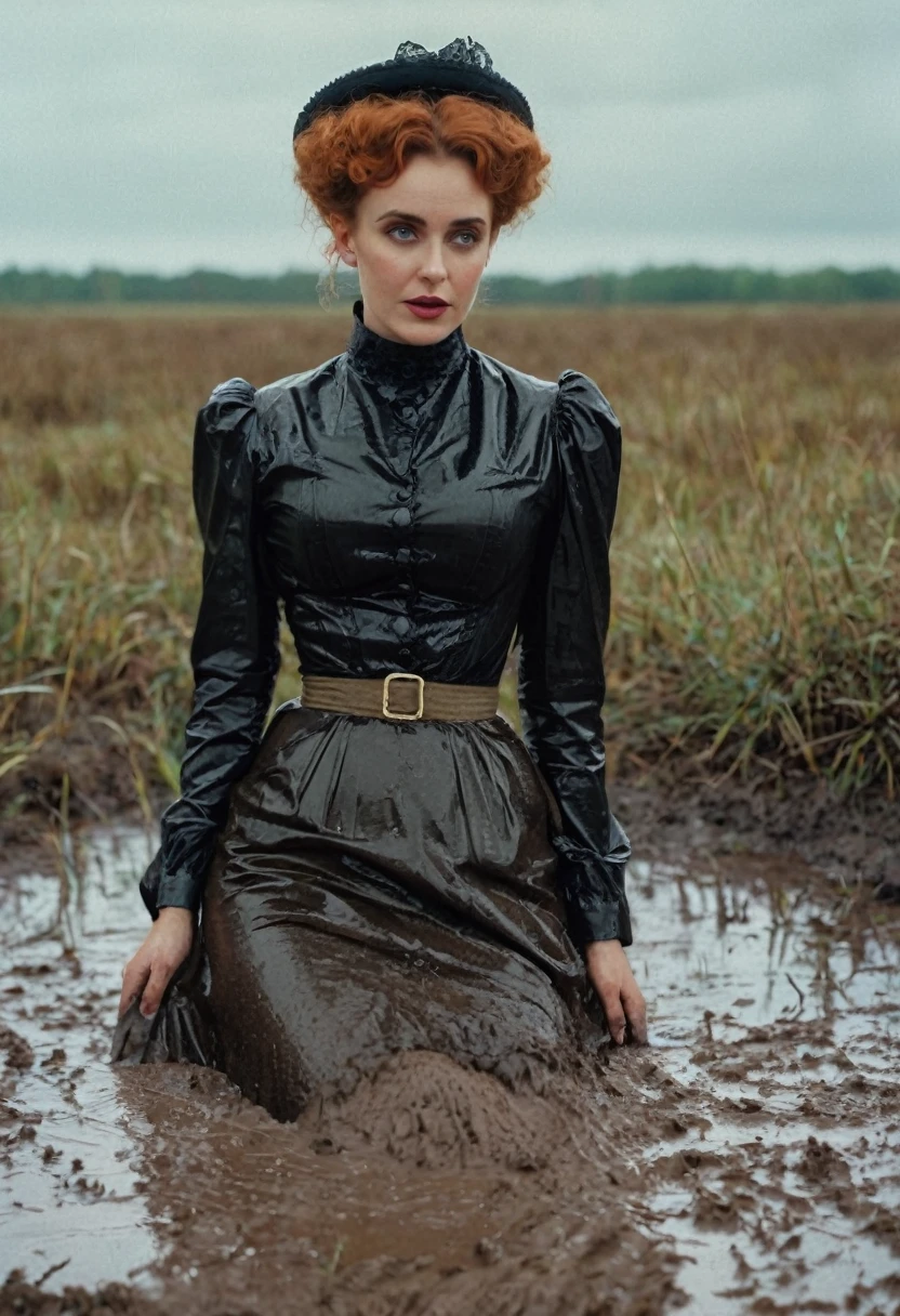 close-up, vulnerable shy ordinary woman, high waist mud covered flared (victorian outfit), deep sits on back in bog, drowning in bog, caught in her sexual fetish session, wet muddy clothes, 20s setting photo, deep focus, vintage film grain, retro color grading, soft lighting, ((teasing with her ass in victorian outfit))