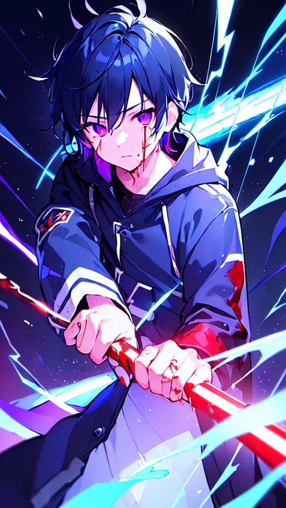 [(BLACK BACKGROUND:1.5),::5], ((((masterpiece)))), high quality, ultra very high resolution, full color, (((solo))), (()), black hair, ((blue colored inner hair)), ((purple eyes)), anime, ((upper body)), neon light, black parka, (lightning effect:1.2), (Blood effect:1.5)