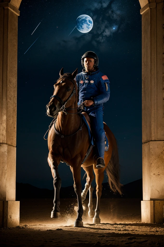 A space man riding horse, in mood, dark night