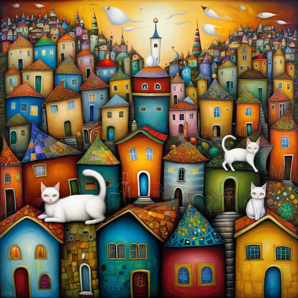 a beautiful patchwork of Houses with sleeping cats, walking on roofs, colorful and intricate details, a whimsical surreal landscape, bright vibrant colors, oil painting, highly detailed, masterpiece, 4k, photorealistic, cinematic lighting, fantasy, surreal, vibrant colors, intricate patterns, abstract, symbolism, dreamlike, dark fantasy, magical realism, feline, cat, Klimt, Nicoletta Ceccoli, Naoto Hattori, Lawrence Didier, Leonora Carrington