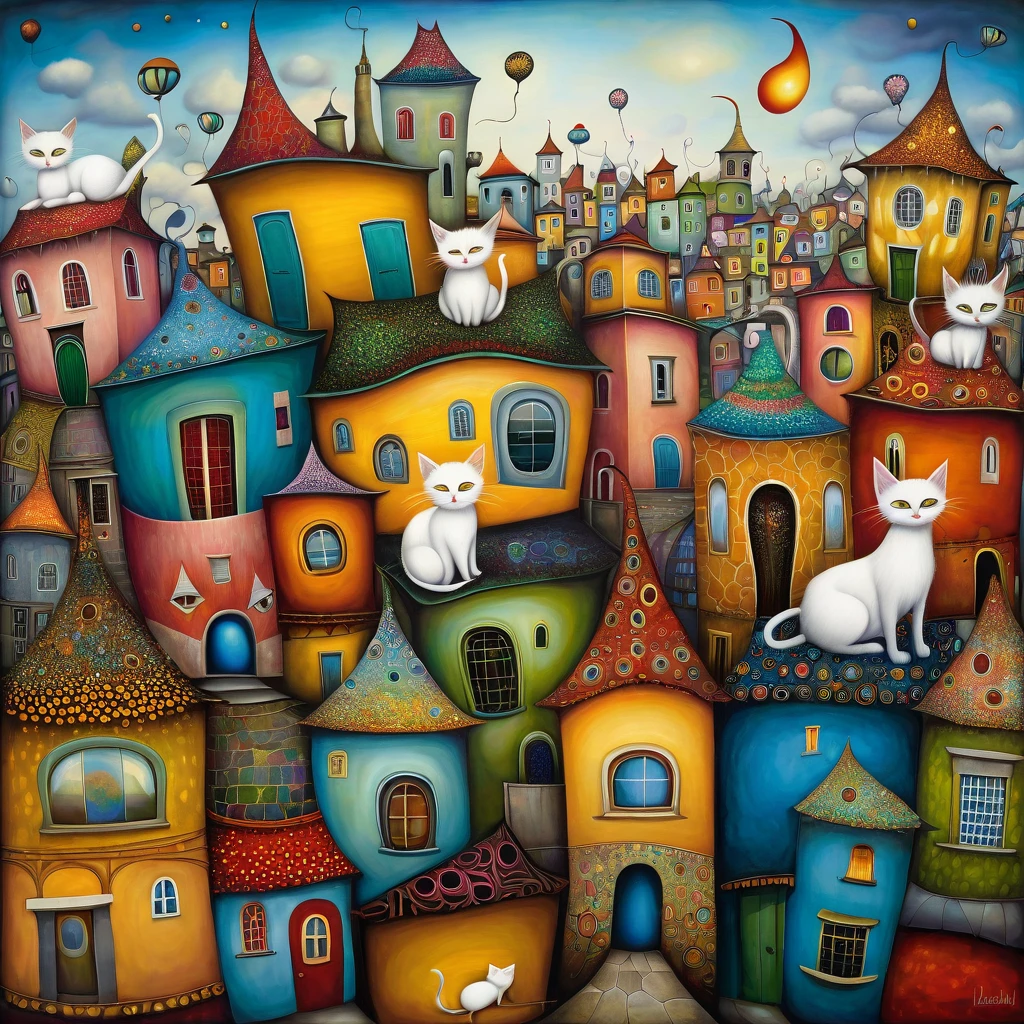 a beautiful patchwork of Houses with sleeping cats, walking on roofs, colorful and intricate details, a whimsical surreal landscape, bright vibrant colors, oil painting, highly detailed, masterpiece, 4k, photorealistic, cinematic lighting, fantasy, surreal, vibrant colors, intricate patterns, abstract, symbolism, dreamlike, dark fantasy, magical realism, feline, cat, Klimt, Nicoletta Ceccoli, Naoto Hattori, Lawrence Didier, Leonora Carrington