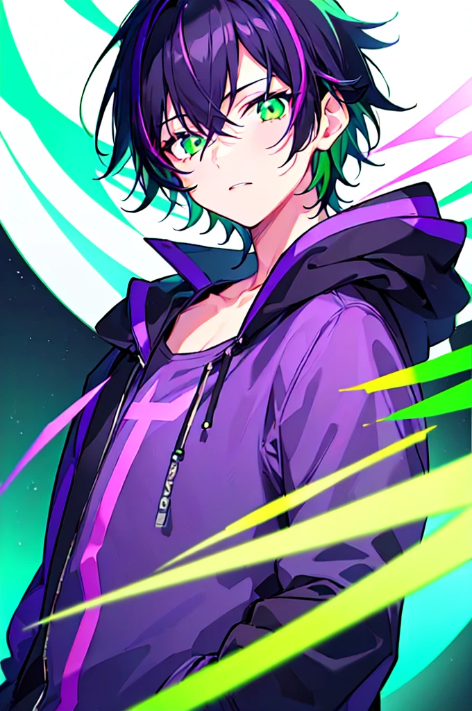 [(WHITE BACKGROUND:1.5),::5], ((((masterpiece)))), high quality, ultra very high resolution, full color, (((solo))), ((little boy)), black hair, ((purple streaked hair)), (green eyes), anime, ((upper body)), neon light, black parka, (green flame effect:1.2)
