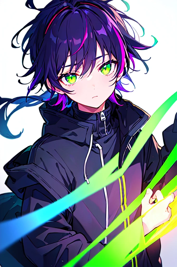 [(WHITE BACKGROUND:1.5),::5], ((((masterpiece)))), high quality, ultra very high resolution, full color, (((solo))), ((little boy)), black hair, ((purple streaked hair)), (green eyes), anime, ((upper body)), neon light, black parka, (green flame effect:1.2)