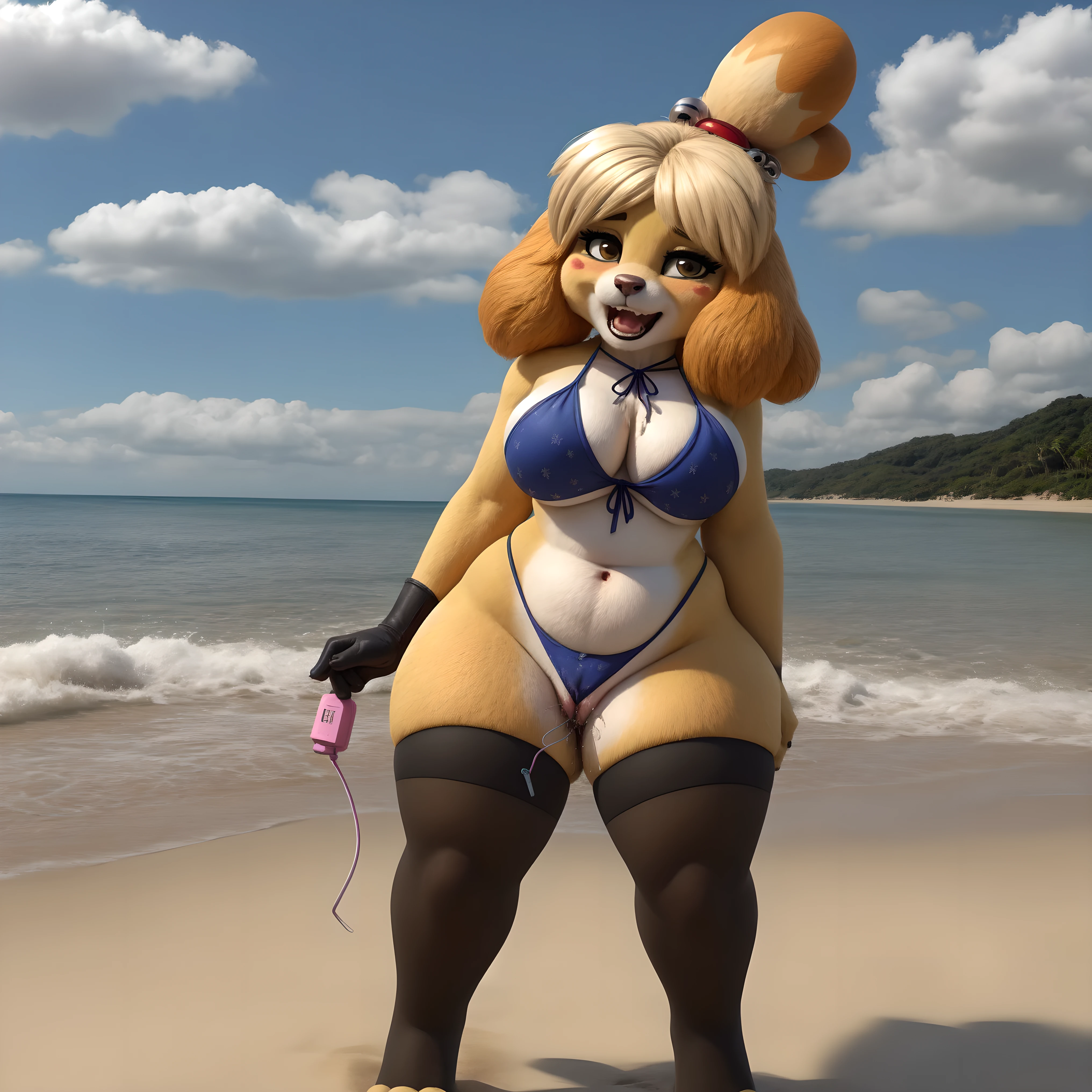 isabelle, bikini, long gloves, stockings, walking, seductive, blush, open mouth, horny, beach, nya, panties, pussy juice, vibrator in pussy, masturbating