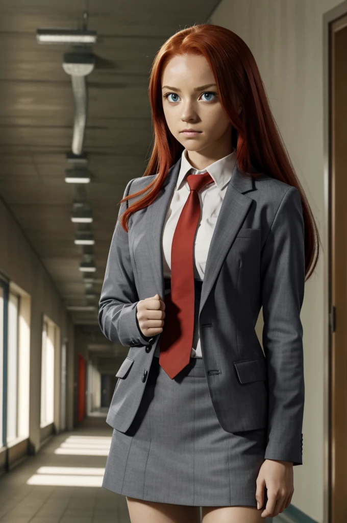 Screenshot Boku no Hero Academia, Pretty Woman, long straight red hair, Turquoise foxy eyes, serious expression, uniform gray jacket and red tie, arms crossed in the background school hallway, looking to the camera.