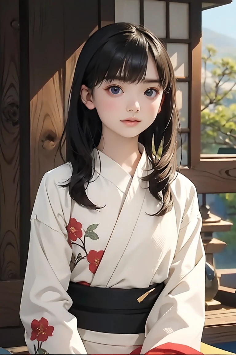 Japanese painting, Beauty Painting, (A beautiful appearance in return), Highest quality, masterpiece, (Face Focus:1.1), Cinematic Lighting, Soft Shadows, Light on face, Landscape, Japanese 1 girl, 18-year-old, (cute), kimono