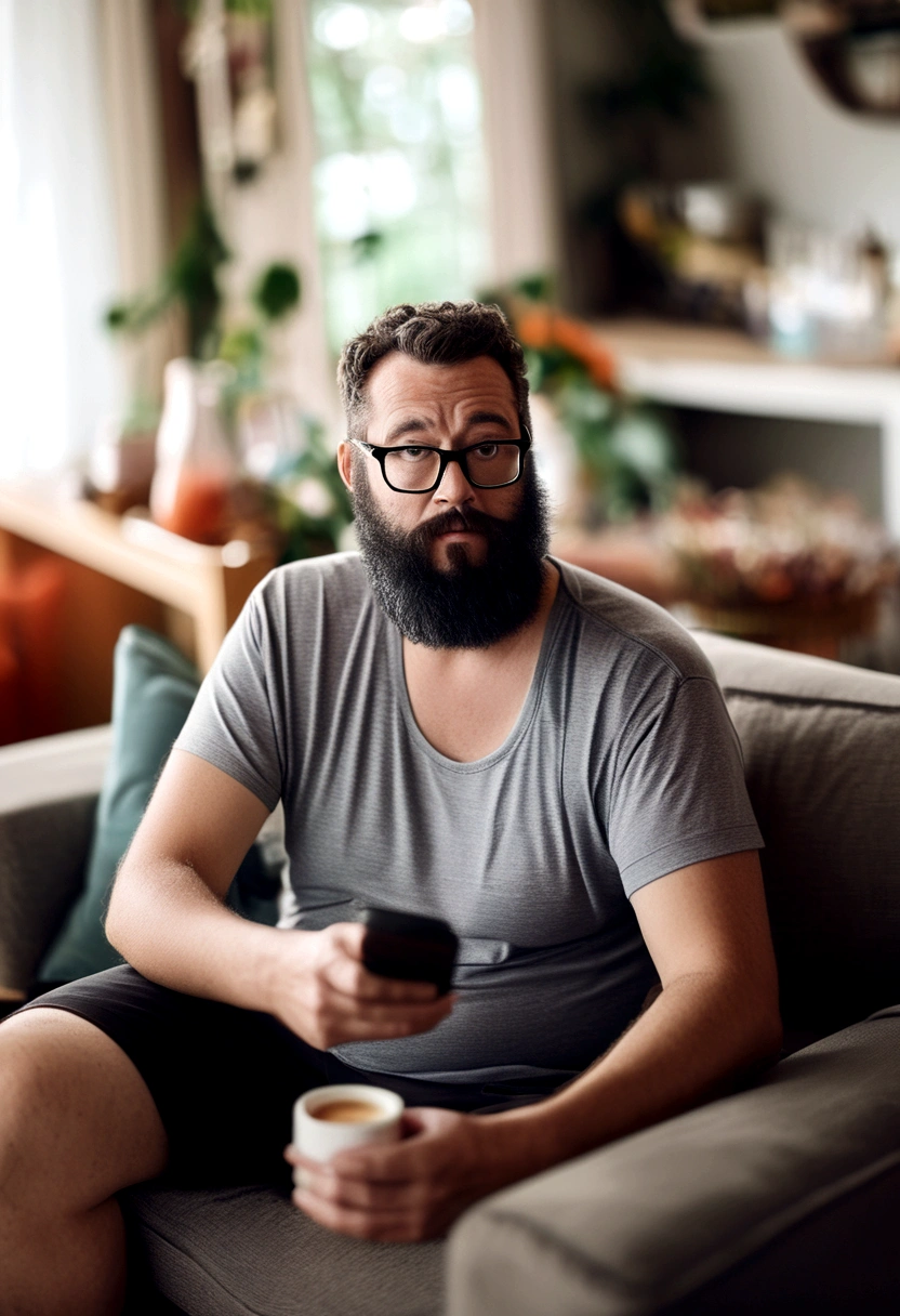 "A slightly overweight, middle-aged man with a full beard. He is wearing a gray tank top and black shorts, and has flip-flops on his feet. He is holding a smartphone and looking at it intently. The background is a typical family living room, featuring a couch, coffee table, and homey decorations like family photos."