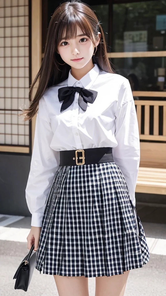 Japanese、17 years old、high school girl、White shirt、black and white checkered mini skirt