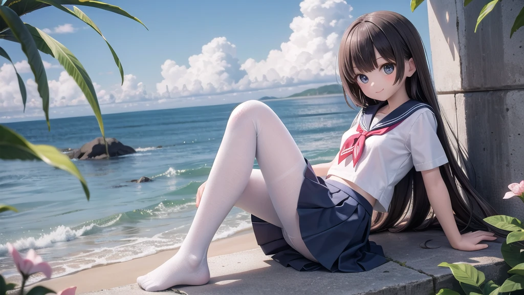 wallpaper, Clear face, (masterpiece), town, blue sky, One Girl, Place the person on the right, smile, alone, Sailor suit、Long skirt, Overgrown, petal, plant、Skirt lining、White slip、nostalgic、Grey pantyhose、I can see the ocean in the distance, Crotch close-up