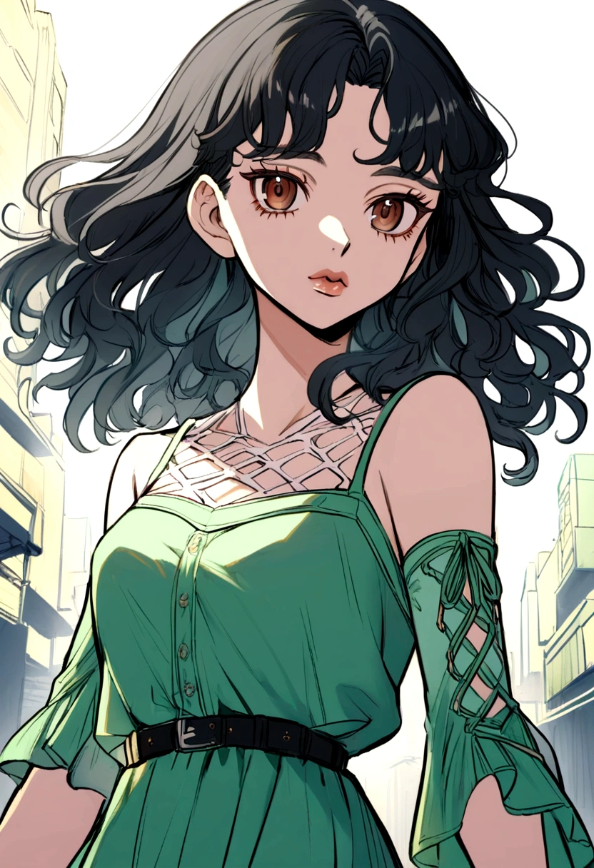 anime woman  ,21 years ,Tokyo Revengers style , height 1.68,blue-black hair, medium hair ,wavy hair,Brown eyes, medium eyes,small mouth, medium lips,small breasts,cut sleeve blouse ,Light green blouse color .