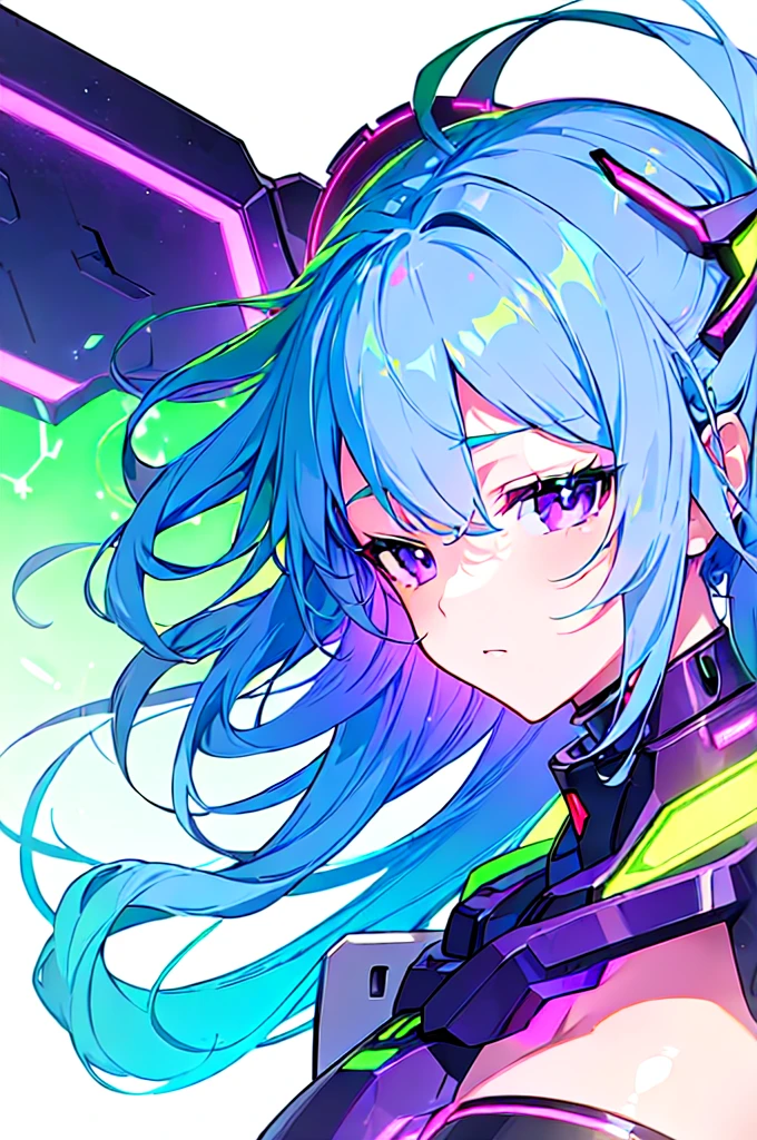 [(WHITE BACKGROUND:1.5),::5], ((((masterpiece)))), high quality, ultra very high resolution, full color, (((solo))), ((Mecha musume)), Mecha girl, ((Green hair)), (Purple eyes), anime, upper body, neon light, cyborg body, (Purple neon effect:1.2)