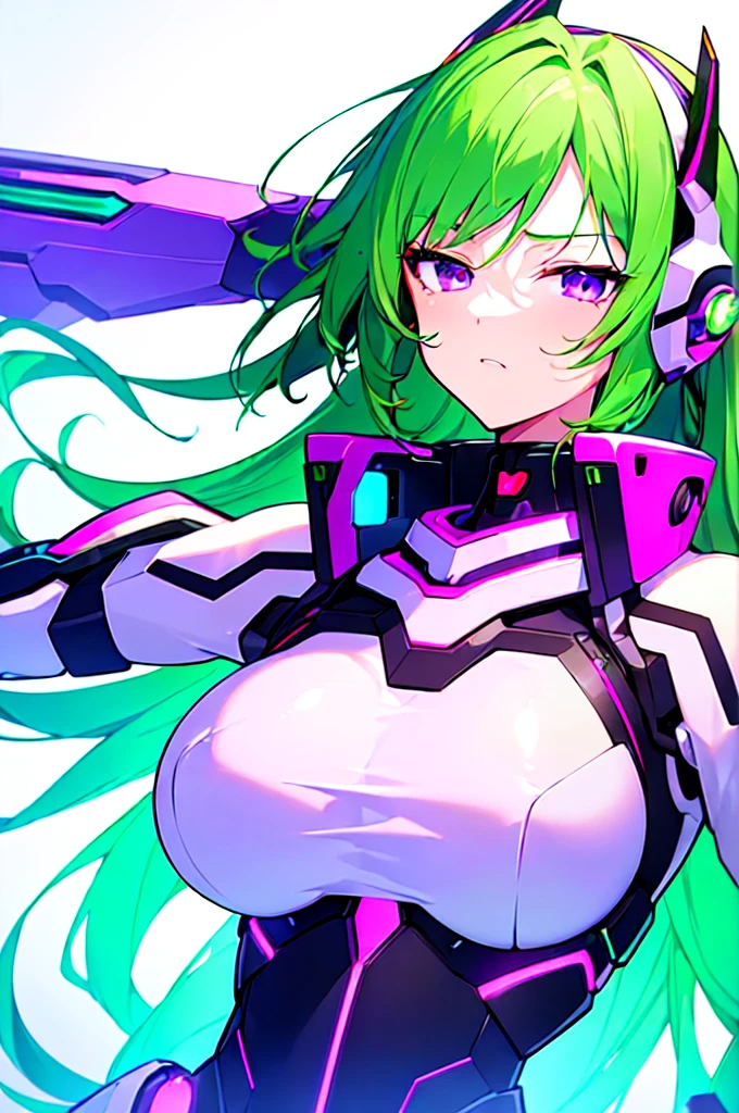 [(WHITE BACKGROUND:1.5),::5], ((((masterpiece)))), high quality, ultra very high resolution, full color, (((solo))), ((Mecha musume)), Mecha girl, ((Green hair)), (Purple eyes), anime, upper body, neon light, cyborg body, (Purple neon effect:1.2)