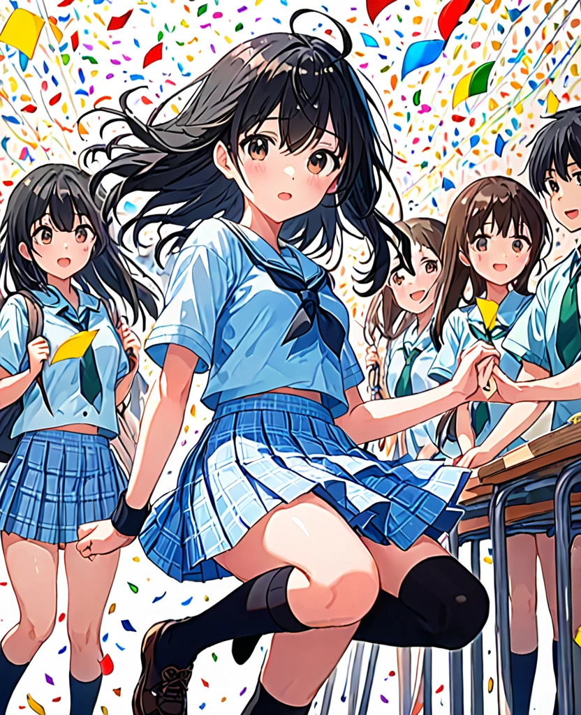 Black Hair、Focus on one girl、、high school student、日本のanime、youth、classroom、Cultural Festival、17 years old、Shoulder-length hair、Checkered pleated skirt、Knee-length black socks、Light blue shirt with rolled up sleeves、Confetti、CloverWorks風、anime、An illustration、Attention to detail