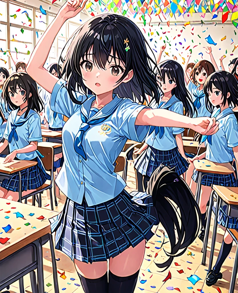 Black Hair、Focus on one girl、、high school student、日本のanime、youth、classroom、Cultural Festival、17 years old、Shoulder-length hair、Checkered pleated skirt、Knee-length black socks、Light blue shirt with rolled up sleeves、Confetti、CloverWorks風、anime、An illustration、Attention to detail