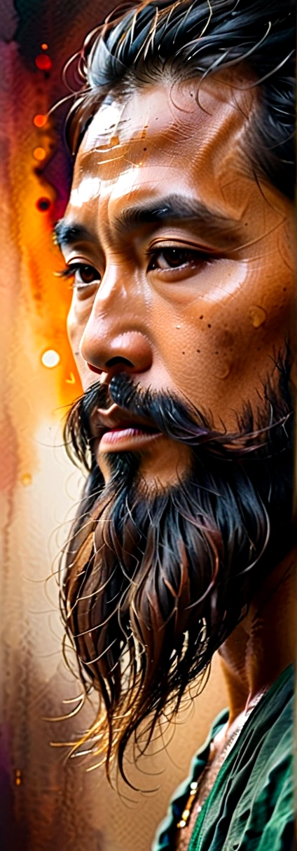 Side view of an Asian man(Thai)have a long beard,I'm feeling sad because I'm disappointed with something..,watercolor,abstract art,greatly exaggerated