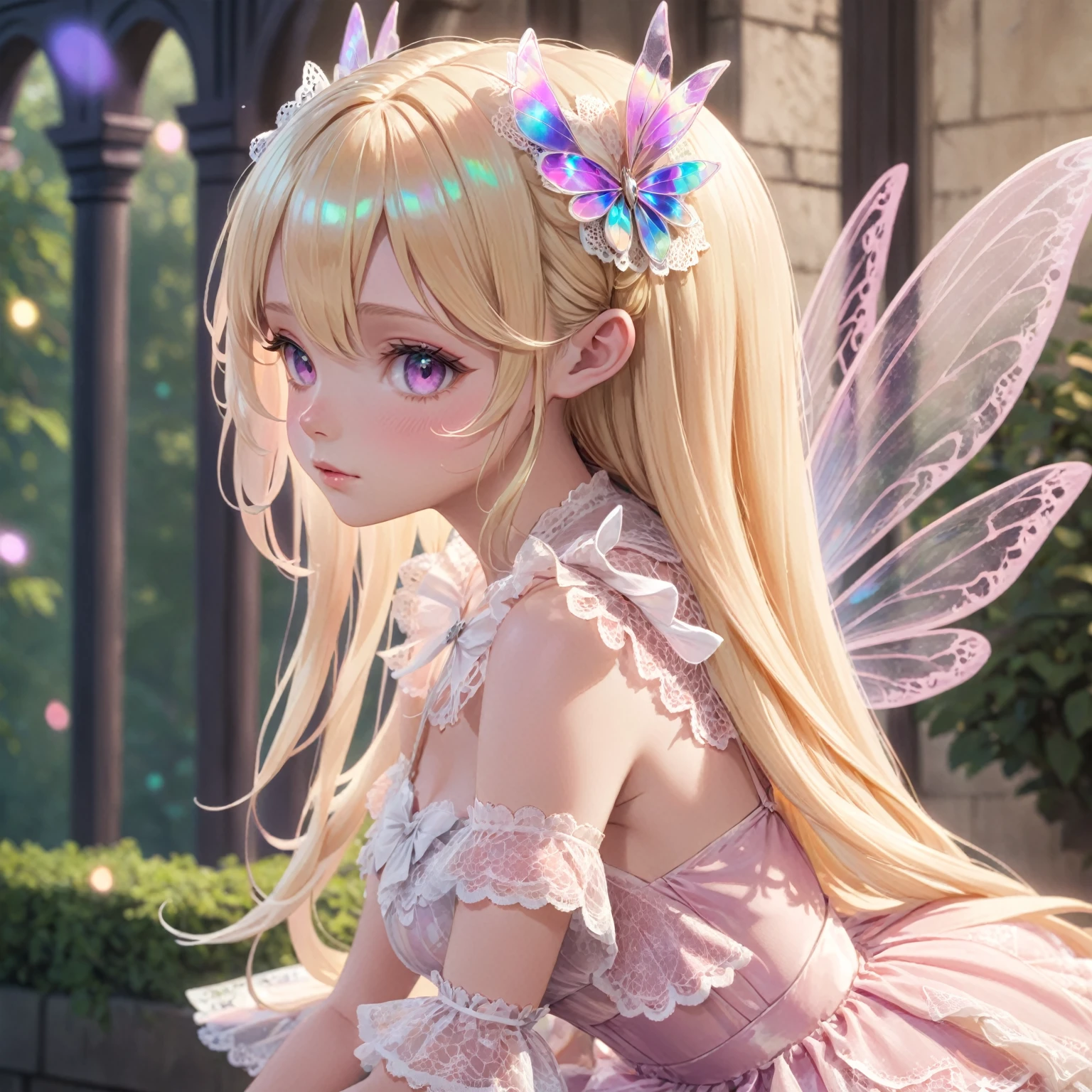 highres, best quality, girl, 1girl, fairy girl, iridescent fairy wings, blonde hair, blurry background, blush, partly up hair, depth of field, hair between eyes, long hair, looking at viewer, parted lips, profile, lace ta dress, solo, upper body, pink tones, above the knees view,
