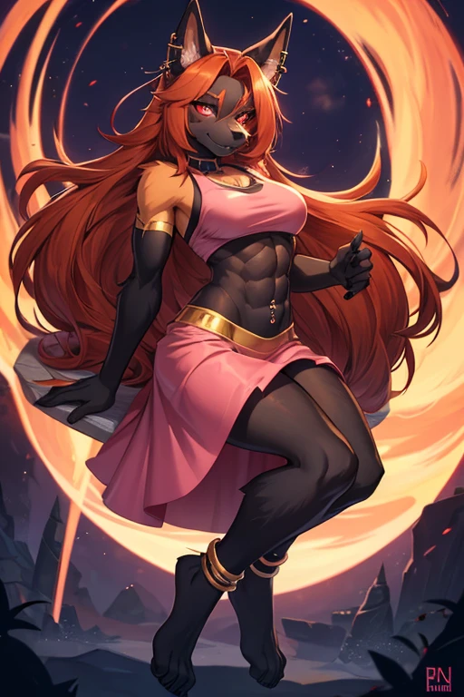 an anthropomorphic barefoot extremely ginger long-haired female black fur dog with abs wearing a crop top pink dress, furry, furry style, anthro style, digital artwork, glowing eyes, navel piercing