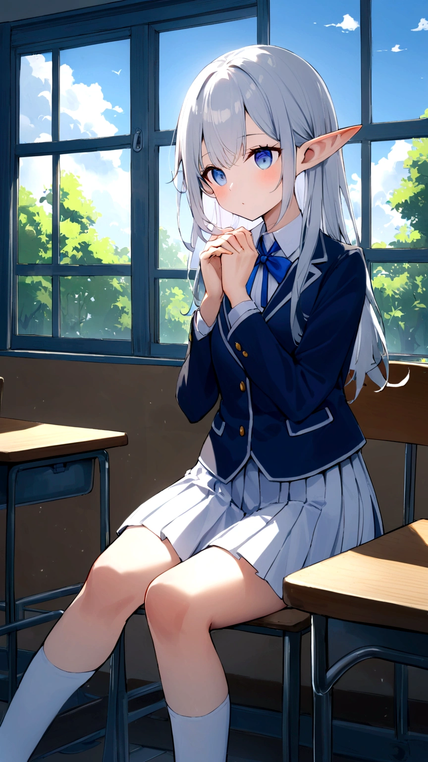 15 year old beautiful elf、ria (Ria) Please draw。She has short silver hair、Has big clear blue eyes。The long, pointed ears typical of elves peek out modestly from under her silver hair.。A slender and supple figure、It has a small and delicate look。She is wearing a white blouse with a blue ribbon、Dark blue blazer and pleated skirt、White socks up to the knee、She is wearing her and black loafers.。The background is a schoolyard or classroom、In the schoolyard, trees under the blue sky々is fluttering in the wind。In the classroom, you can feel the soft light coming in through the windows.。riaは優しく微笑んでおり、In the schoolyard, one hand lightly holds the edge of the skirt、With the other hand she tucks her hair behind her ear。Sitting at a desk in the classroom、I'm leaning my chin on my hands and looking out the window。Ultra-high resolution 4K compatible、Hair texture and uniform design、Please describe the natural background and the atmosphere of the classroom in detail.。With bright and vivid colors、To complement her beauty and the scenery behind her。